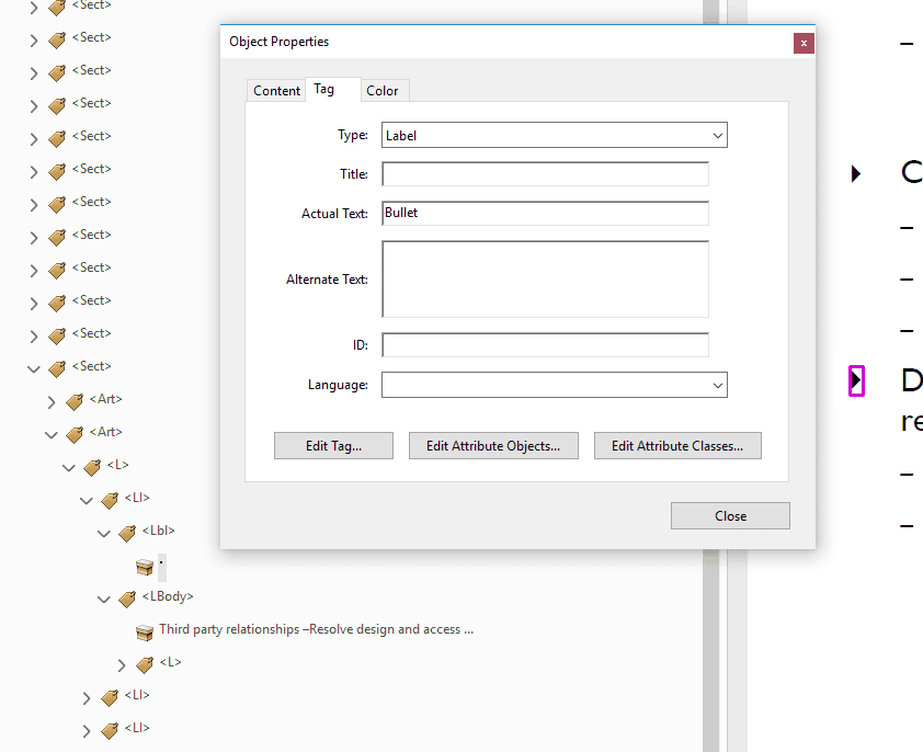 Tags tree details showing the list structure and the object dialog box for setting actual text.