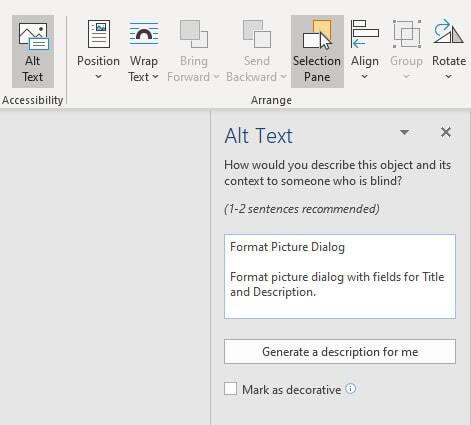 Office 365 version of the Alt Text dialog box