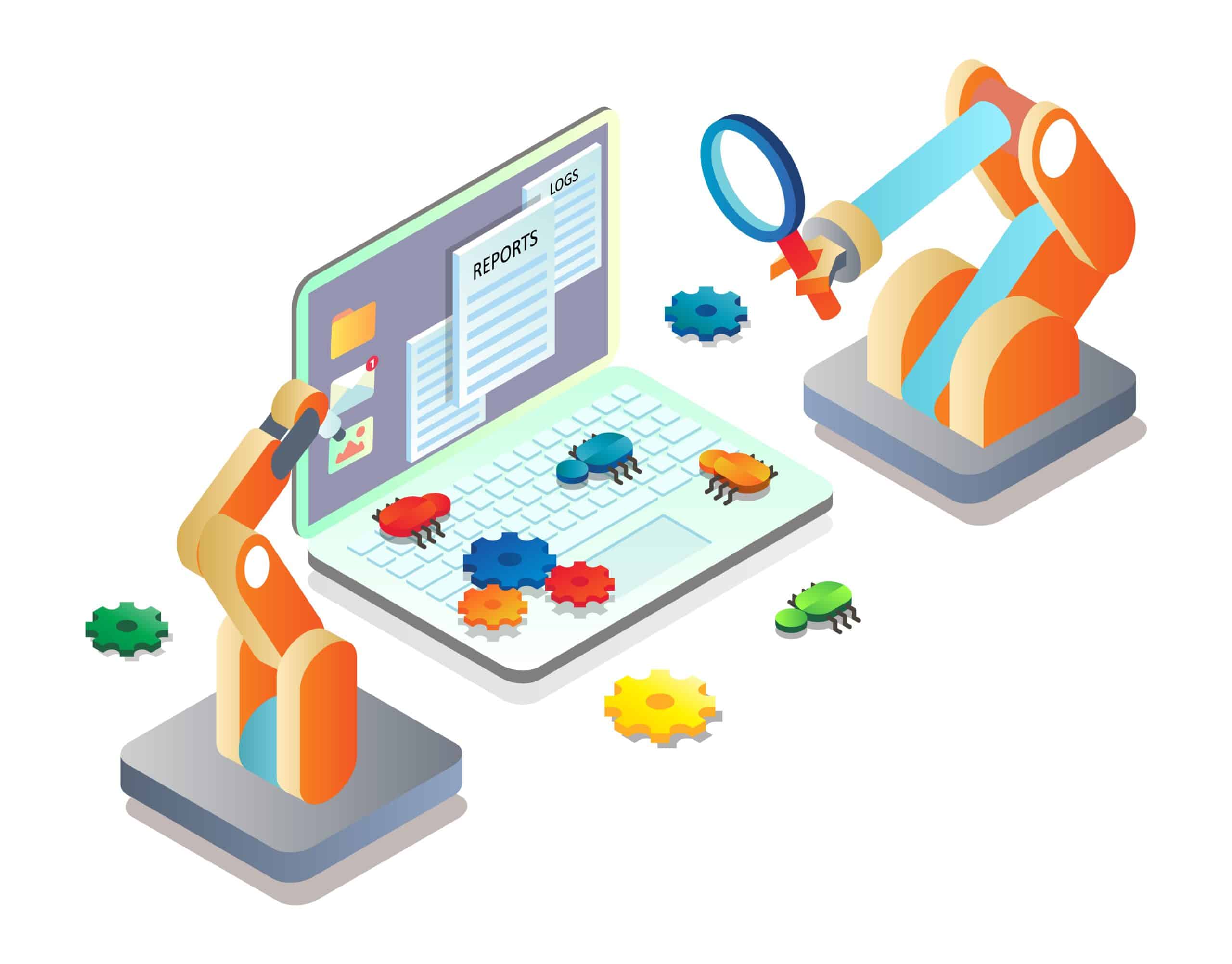 Two automated robot arms use a magnifying glass to track computer bugs on across a laptop. Colorful bugs are mixed in with colorful gears, which are confusing the robotic arms. 