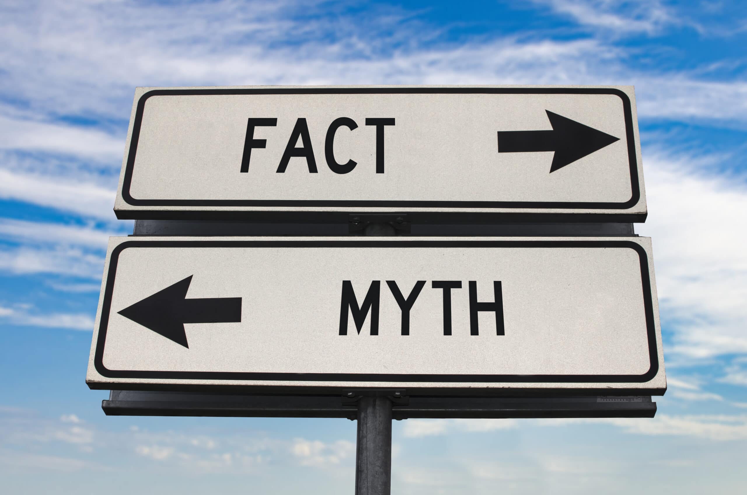Two rectangular white street signs on top of each other. The top sign reads "Fact" with a right facing arrow in black writing. Below it reads "Myth" with a left facing arrow, also in black writing.