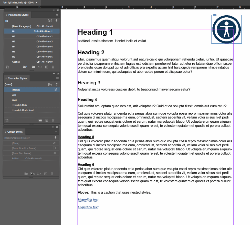 An InDesign template with preset Heading and Body Content styles