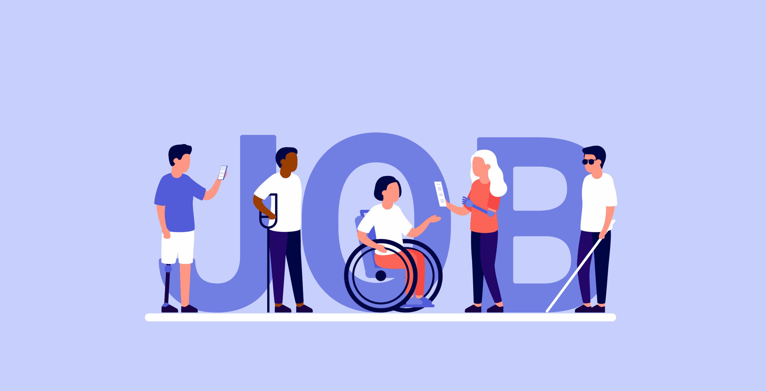 Five people with different physical disabilities get ready for job interviews. Behind them is a lavender background with the word "Job" written in large purple block font.