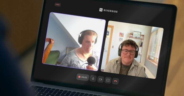 A laptop screen displaying the virtual podcast recording for this episode. Devon and Kristen are visible in separate video windows on the laptop.