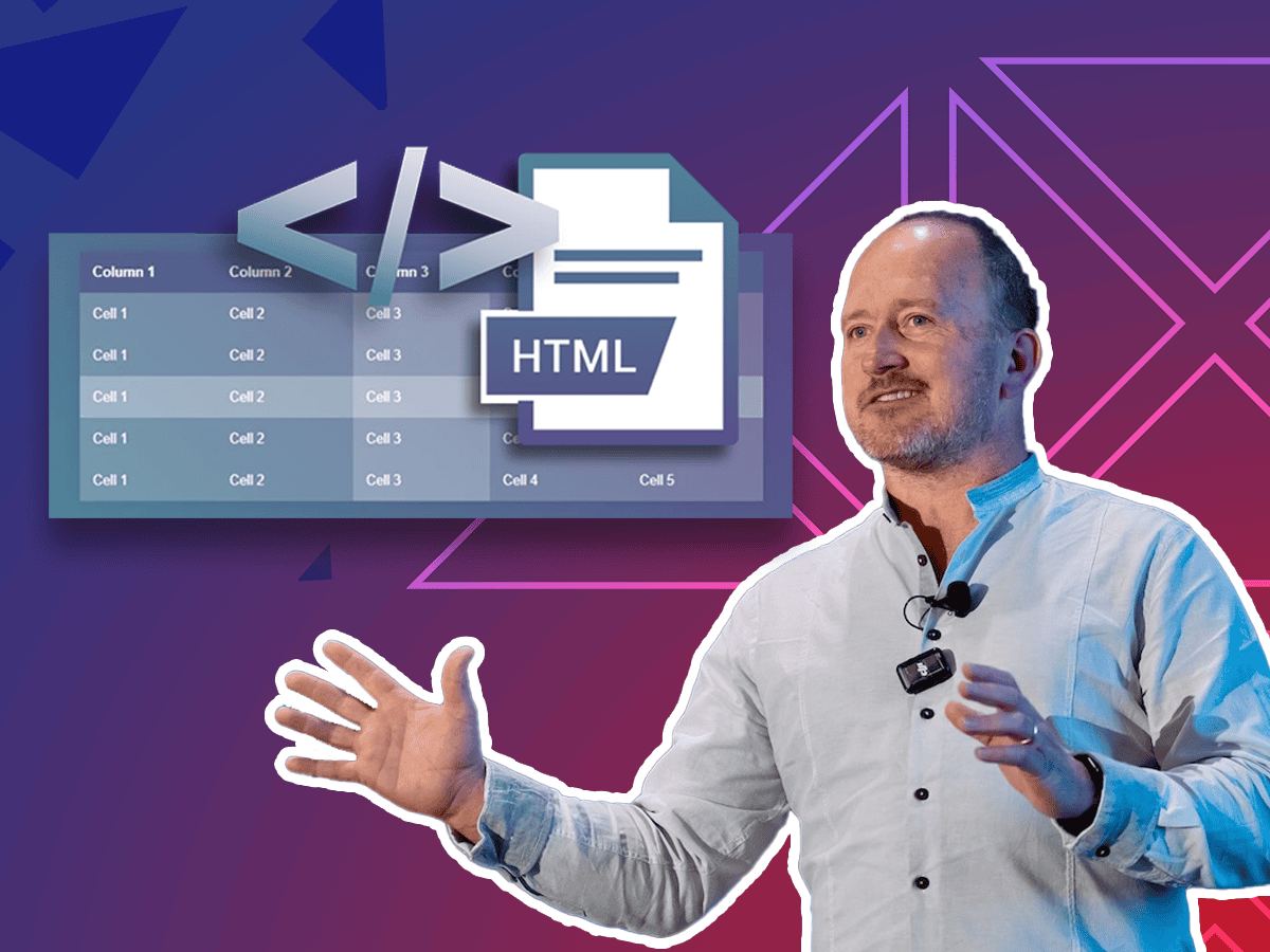 Presenter speaking with HTML code and document icon in background