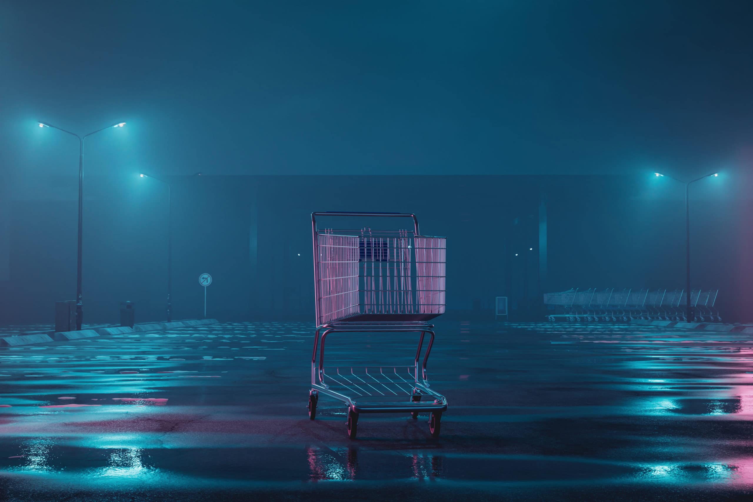 A shopping trolley at abandoned foggy parking space.
