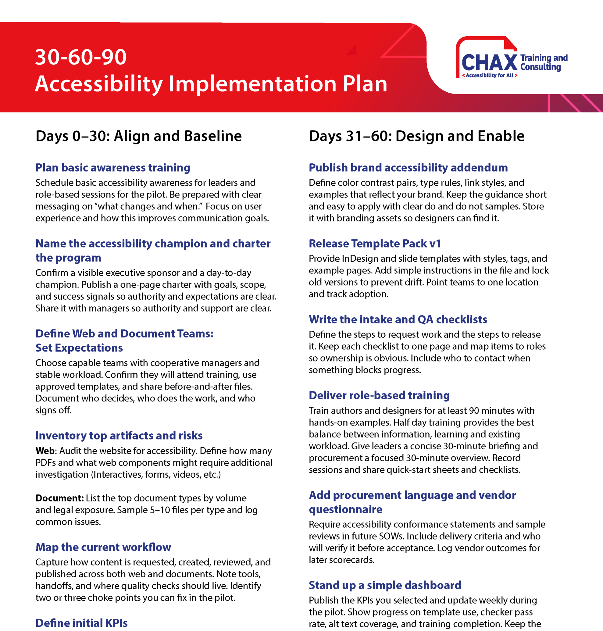 A preview of the 30-60-90 Accessibility Implementation Plan
