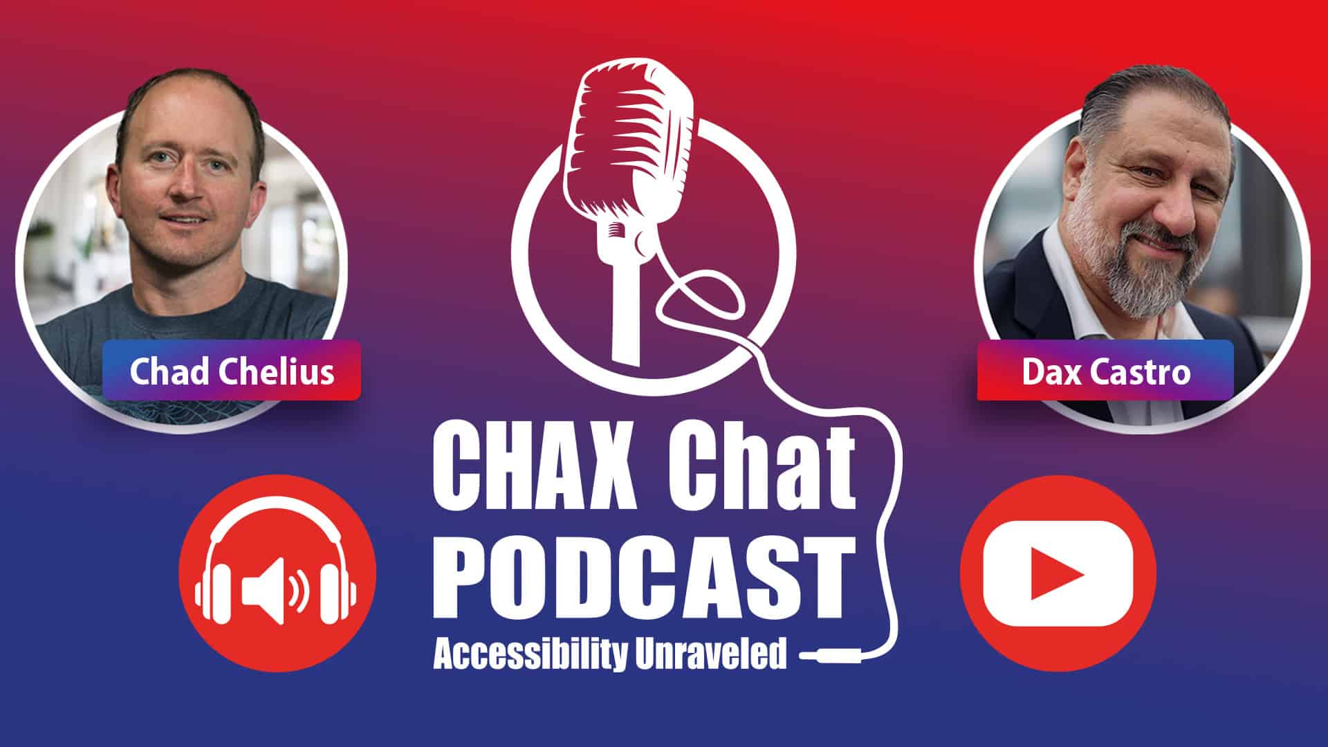 CHAX Chat Podcast banner featuring two hosts side by side with the podcast logo and a YouTube play button icon.